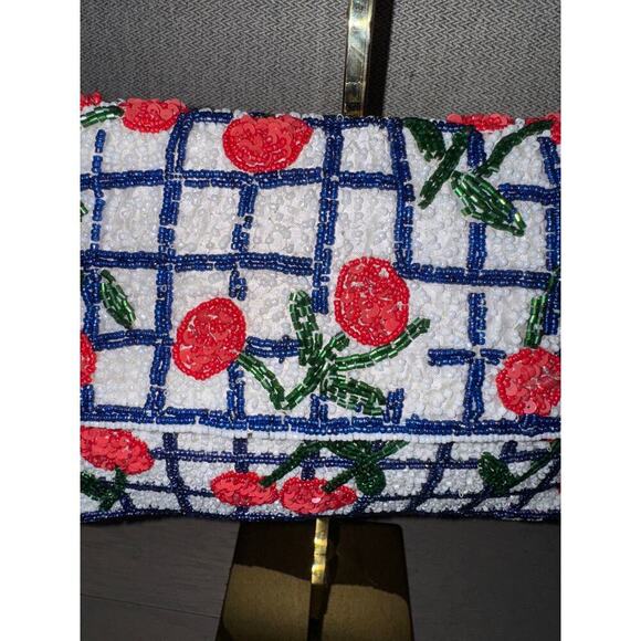 Hand Beaded Viral Cherry Checkered White Shoulder Evening Bag Coquette NWOT - Picture 3 of 5
